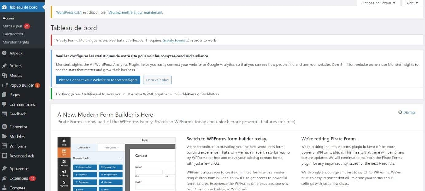 Wordpress back office interface
