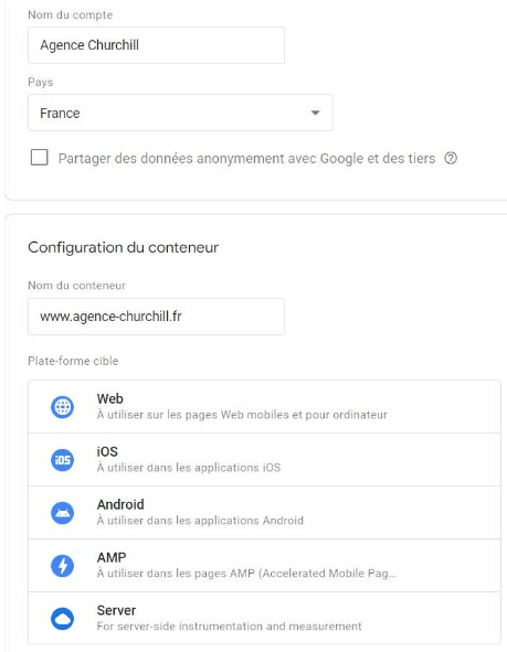 Screenshot of the configuration of Google Tag Manager showing container management on a website