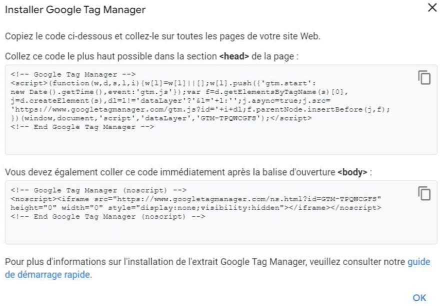 Google Tag Manager code to integrate in the HEAD and Body sections of a website